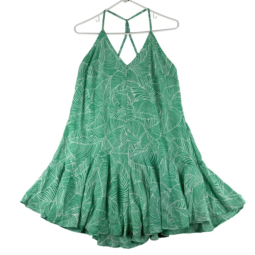 Blues & Greys Dress Womens Small Green Leaf Print Strappy Ruffle Hem Lined Swing
